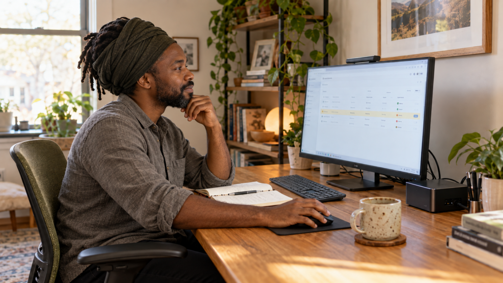Black man with dreadlocks in a Rasta-style turban reviewing automated tasks in a naturally lit home office.