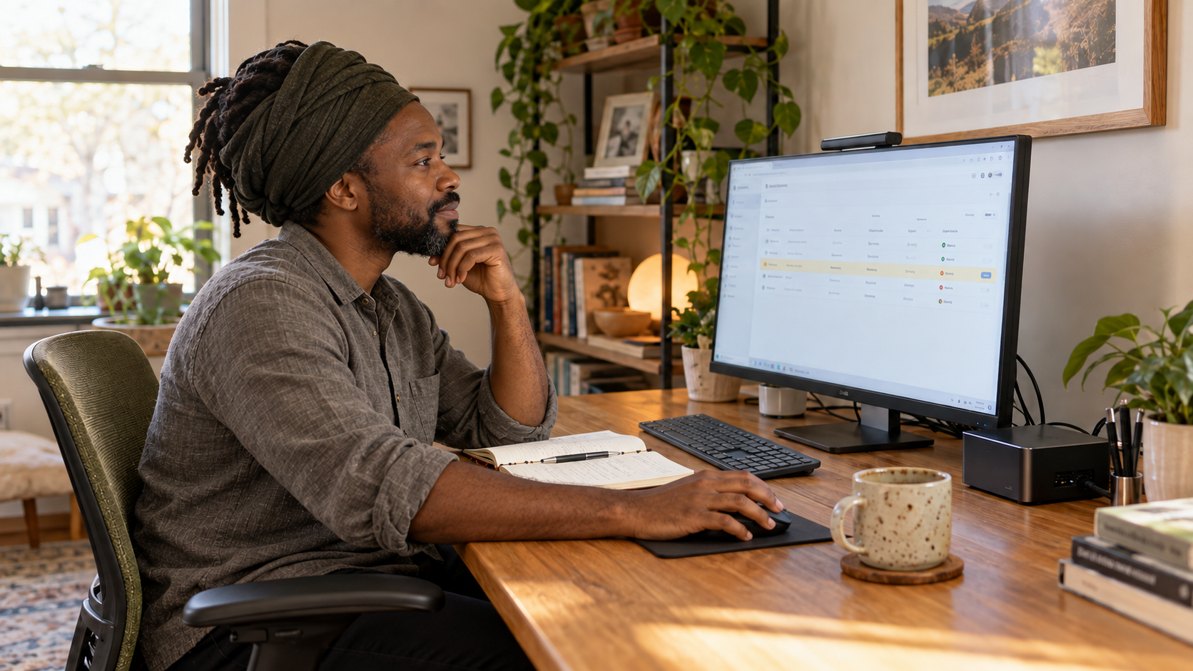 Black man with dreadlocks in a Rasta-style turban reviewing automated tasks in a naturally lit home office.