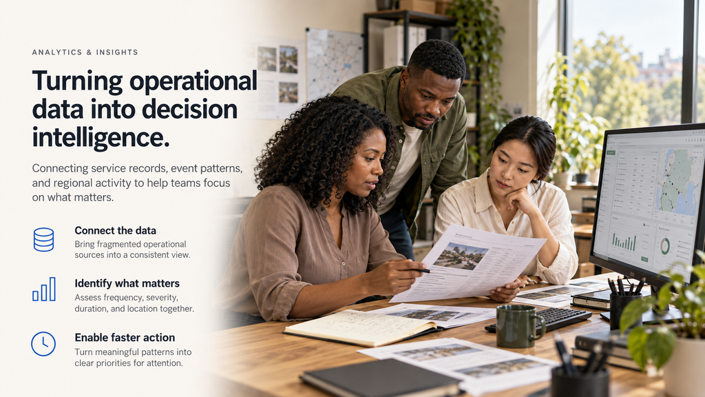 Decision intelligence concept showing connected data sources, meaningful operational patterns, and priorities for action.