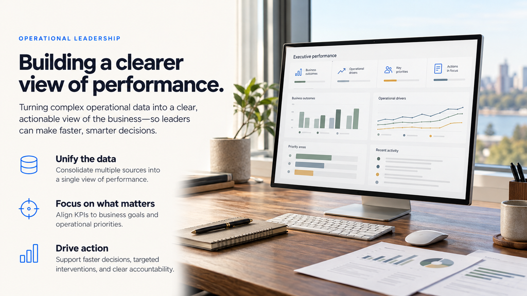 Executive dashboard concept illustrating unified data, focused performance indicators, and actionable insights.