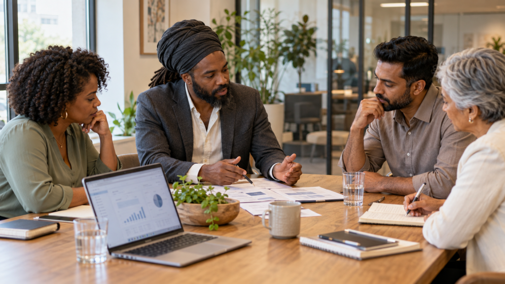 Business consultant and client team reviewing performance insights and workflow plans during a strategy session.