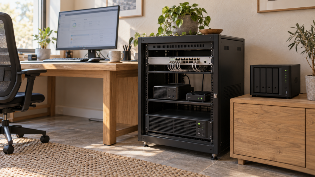 Compact home server and networking equipment arranged in an organized workspace with neatly routed cables.
