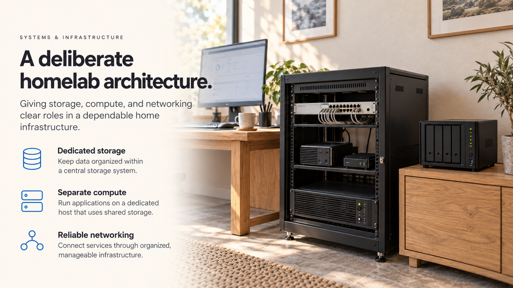 Homelab architecture concept highlighting dedicated storage, separate computing resources, and reliable networking.