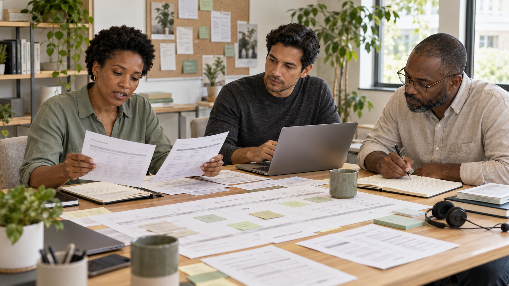 Customer experience analysts reviewing service records and customer journey notes to investigate recurring contacts.