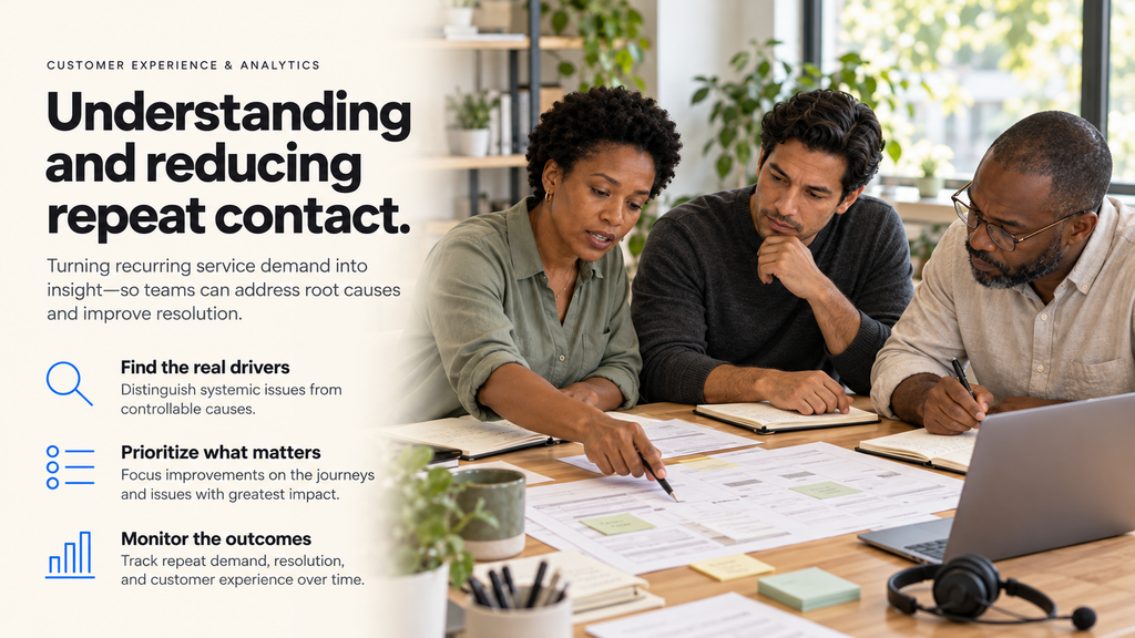 Repeat-contact analysis concept highlighting root causes, priority interventions, and monitoring of customer outcomes.