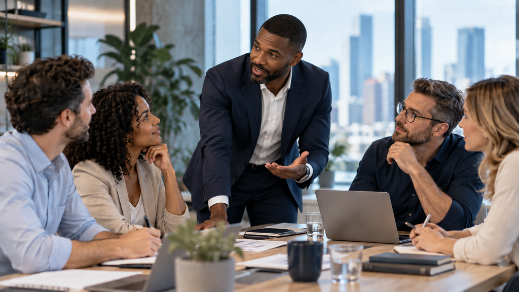 Business leader guiding a collaborative team discussion