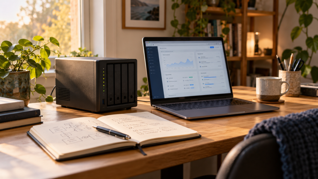 A compact server and laptop displaying a dashboard beside an open planning notebook on a sunlit desk.