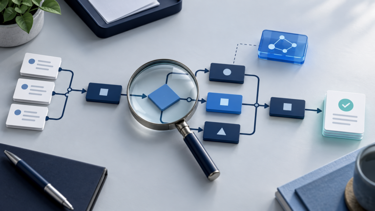 Alt text: Magnifying glass highlighting a decision point in a business workflow, with an AI module connected alongside the process.