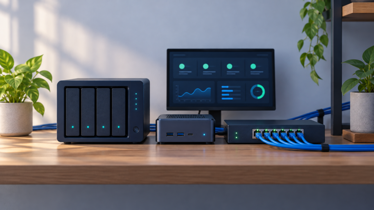 Illustration of a home lab with network storage, a mini computer, a network switch, and a monitoring dashboard.