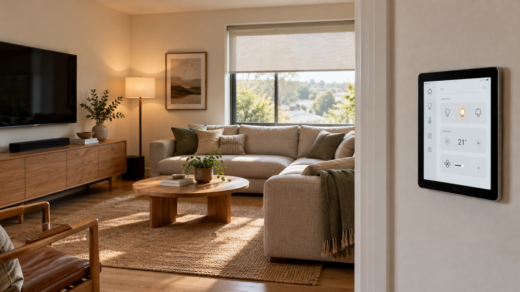 Naturally lit living space with a wall-mounted smart-home control panel and automated lighting controls.