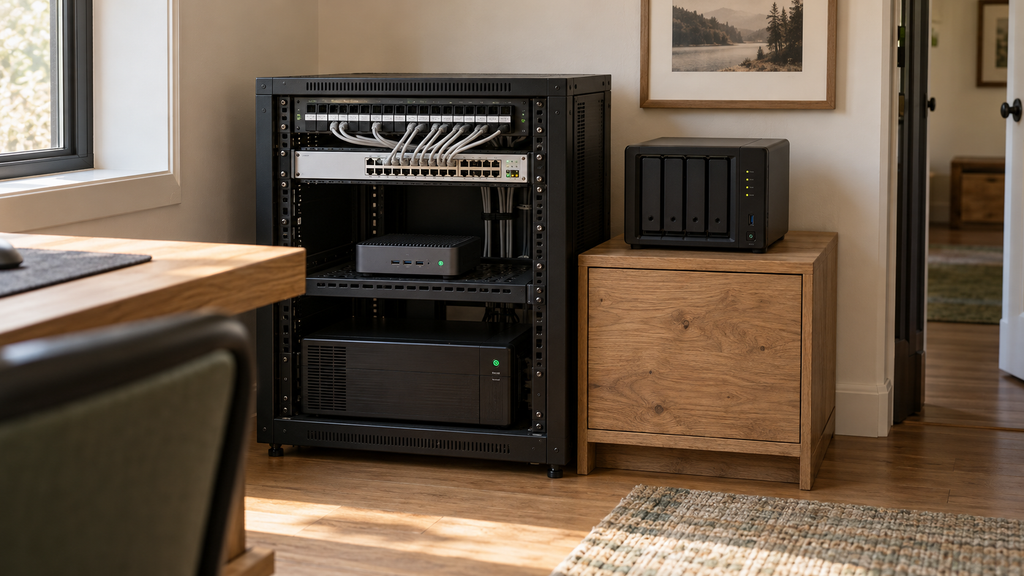 Compact server rack and dedicated storage with neatly organized network cables in a home office.