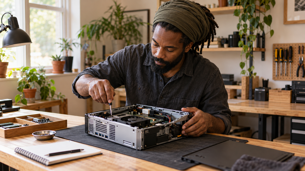 Black man inspecting computer components at an organized workbench.
