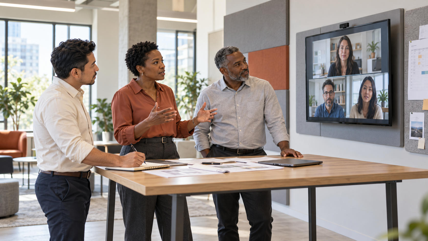 Three team leaders discussing priorities around a standing worktable with remote colleagues joining on a video display.