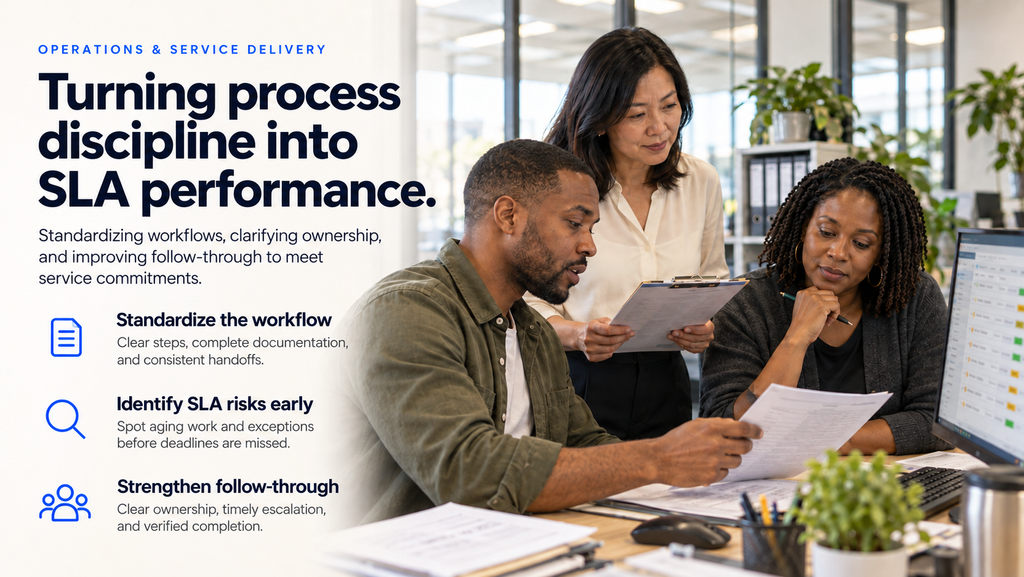 Process improvement illustration highlighting standardized workflows, early identification of SLA risks, and clear ownership through completion.